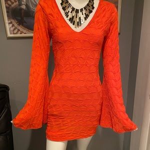 Deep Coral Textured V Neck Bebe Bell Sleeve Dress Full Lining W/Hidden Zip🔥❤️🔥